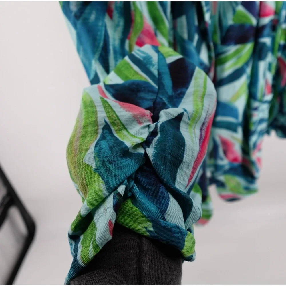 Investments Tropical Leaf Print Open Front Blazer XL Teal‎ Green Pink